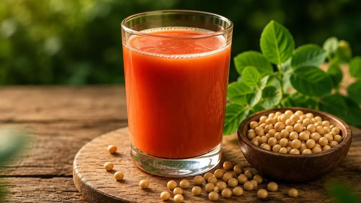Domates ve soya içeren sağlıklı bir içecek bardağı.