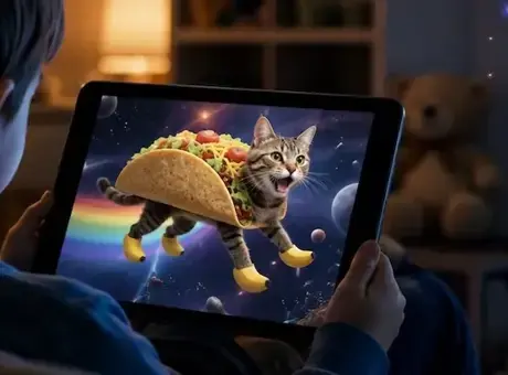 Tablet ekranına bakan ve yapay zeka içerikleri izleyen bir çocuk.