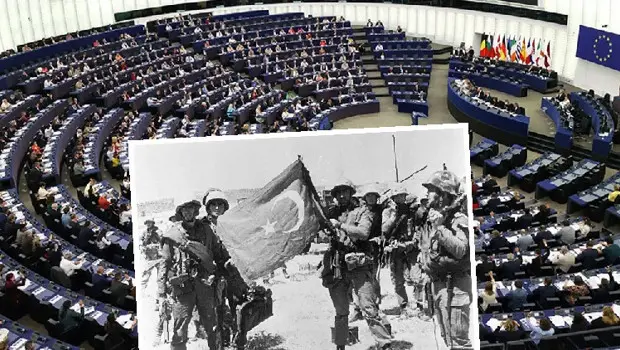 Avrupa Parlamentosu binası önünde diplomatik süreçleri temsil eden bir görünüm.