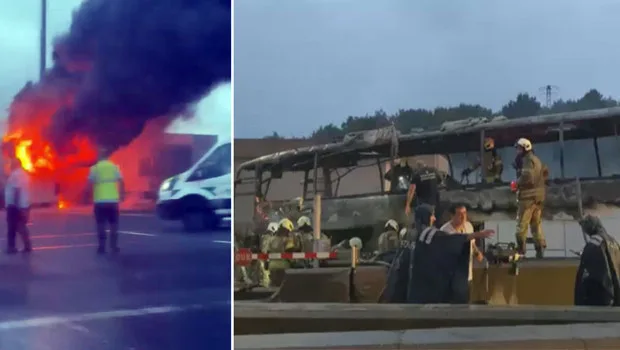 İstanbul'da Kuzey Marmara Otoyolu'nda alev alev yanan yolcu otobüsü.