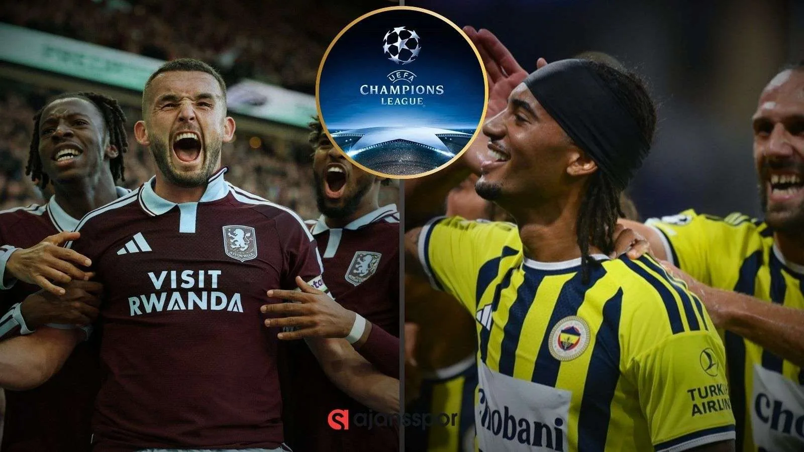 Aston Villa ve Fenerbahçe futbolcuları Şampiyonlar Ligi maçında sahada.