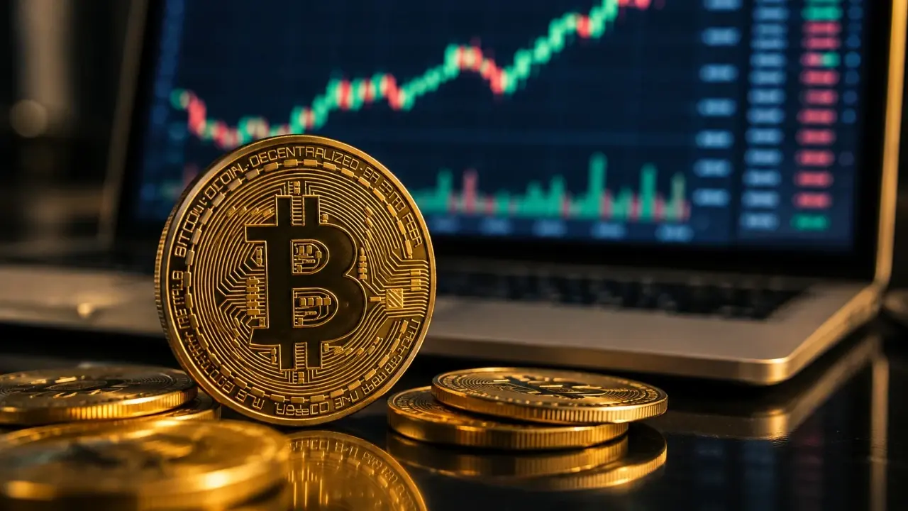 Bitcoin fiyat grafiği üzerinde karışık piyasa sinyallerini gösteren oklar ve arka planda finans binaları.