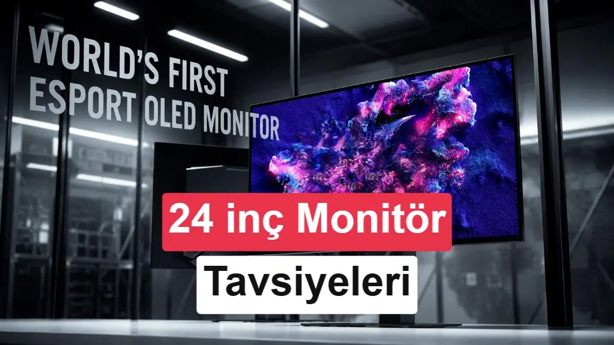 Dar bir masada duran, rekabetçi bir e-spor oyununu gösteren 24 inçlik modern bir oyuncu monitörü.