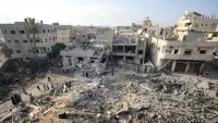Gazze'de inşaat halindeki bir üssün İsrail tarafından engellenmesini gösteren görsel.