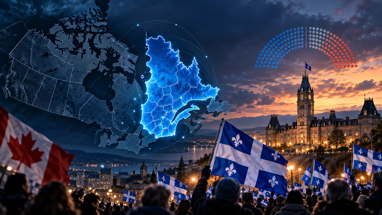 Quebec Ulusal Meclisi binası ve Quebec bayrağı.