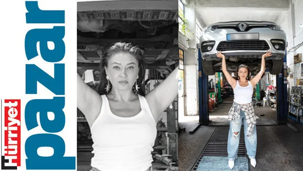 Nurgül Yeşilçay'ın oto tamirhanesinde çekilen röportajından bir kare, doğal ve samimi duruşuyla.