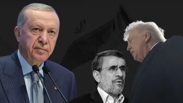 İran haritası üzerinde PKK ve diğer grupları temsil eden gölgeli figürler. Cumhurbaşkanı Erdoğan, Donald Trump ve İsrail'i...