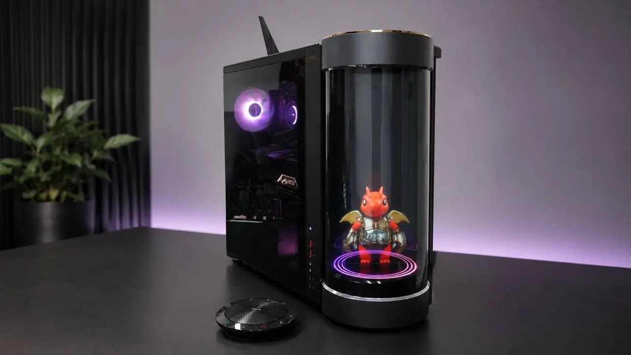 MSI MEG Vision X2 AI+ oyuncu kasası, önündeki holografik ekranda 3D yapay zeka asistanı ile birlikte.