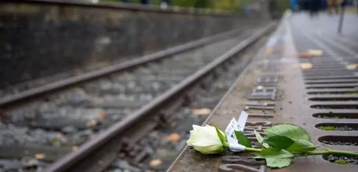 Blumen niedergelegt am Mahnmal Gleis 17 am Bahnhof Grunewald in Berlin.
