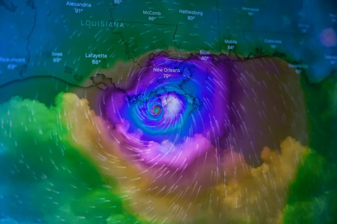 Satellite view of Hurricane Isaias, a Category 3 storm, nearing the northern Gulf Coast with heavy clouds and strong winds.